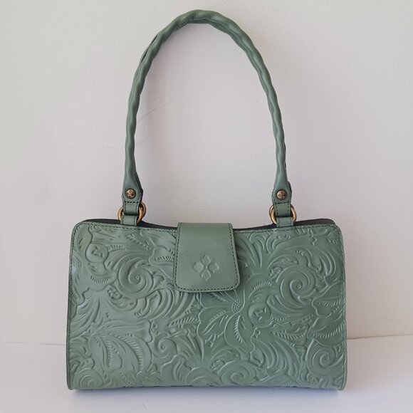 Patricia Nash Rienzo Burnish Tooled Leather Shoulder Handbag Green Sage